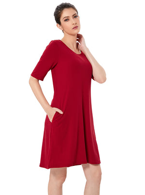 Comfy Swing Tunic Elegant Vintage Wine Red Short Sleeve Round Neck Casual Flared Dress Detail View