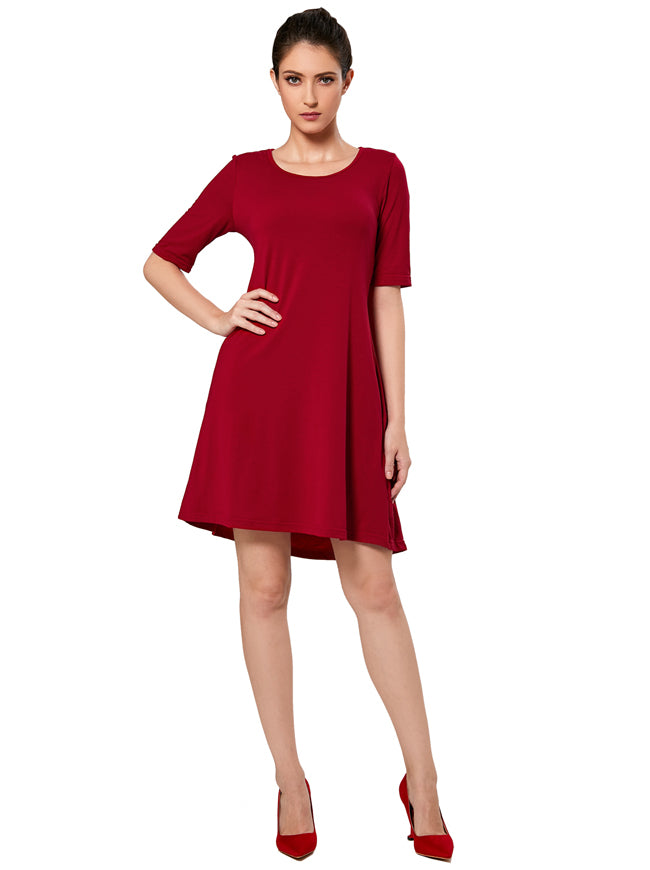 Comfy Swing Tunic Elegant Vintage Wine Red Short Sleeve Round Neck Casual Flared Dress Detail View