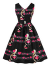 V-Neck Romantic Music Notes Print Flare Party Dress for Music Party