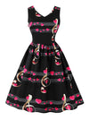 V-Neck Romantic Music Notes Print Flare Party Dress for Music Party