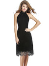 Black Slinky Sexy Halter Neck Backless Sleeveless Juniors Full Lace Off Shoulder Cocktail Mini Dress Model Show Main View