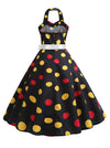 Red and Yellow Polka Dots Print Cocktail Party Black Bridesmaid Wedding Guest Dress Detail View