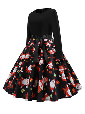 Black Vintage Christmas Gift Pattern PinUp Knee Length Dress for Women Side View
