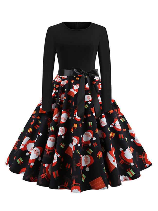 Vintage Long Sleeve A-Line High Waist Patchwork Puffy Swing Christmas Dress Black Detail View