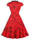 Vintage Cap Sleeve Empire Waist Floral Print Cotton Halloween Party Dress for Women Back View