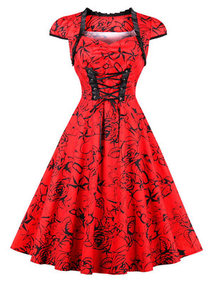 One-piece Christmas Party Vintage Floral Print Rockabilly Dress Main View