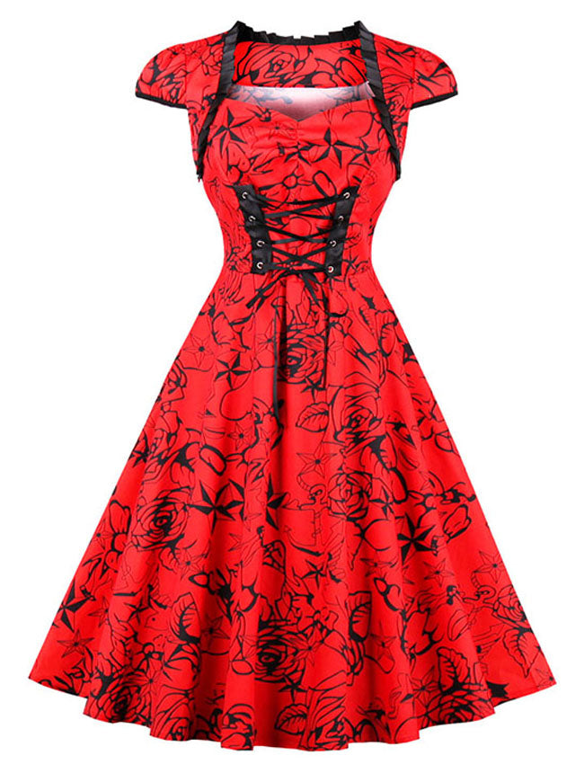 One-piece Christmas Party Vintage Floral Print Rockabilly Dress Main View