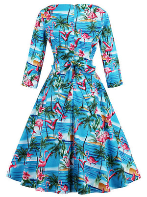 Retro Vintage Round Neck Flamingo Print A-Line Swing Dress