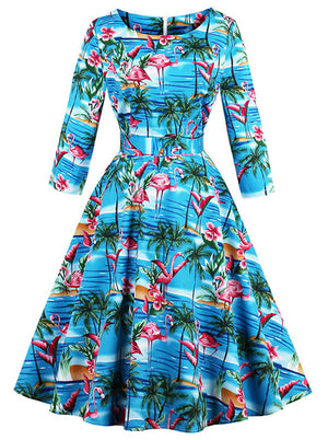 Retro Vintage Round Neck Flamingo Print A-Line Swing Dress