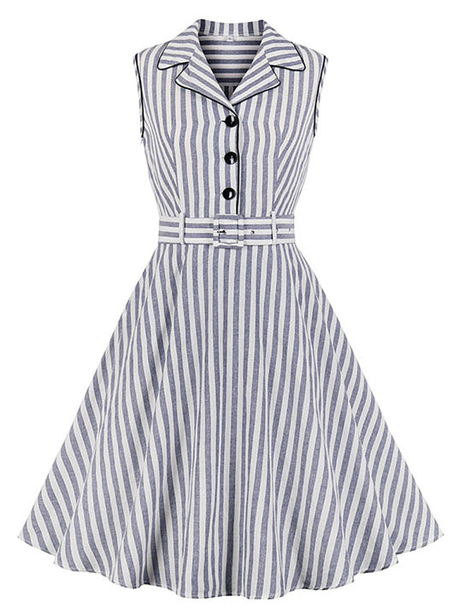 Vintage Sleeveless Striped Buttons Up Swing Cocktail Party Wear to Work Dress