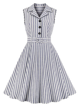 Vintage Sleeveless Striped Buttons Up Swing Cocktail Party Wear to Work Dress