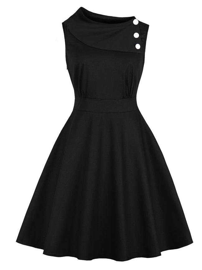 Black Rockabilly Tea Party Women Fit and Flare Swing Casual Solid Color Holiday Party Date Night Dress Detail View