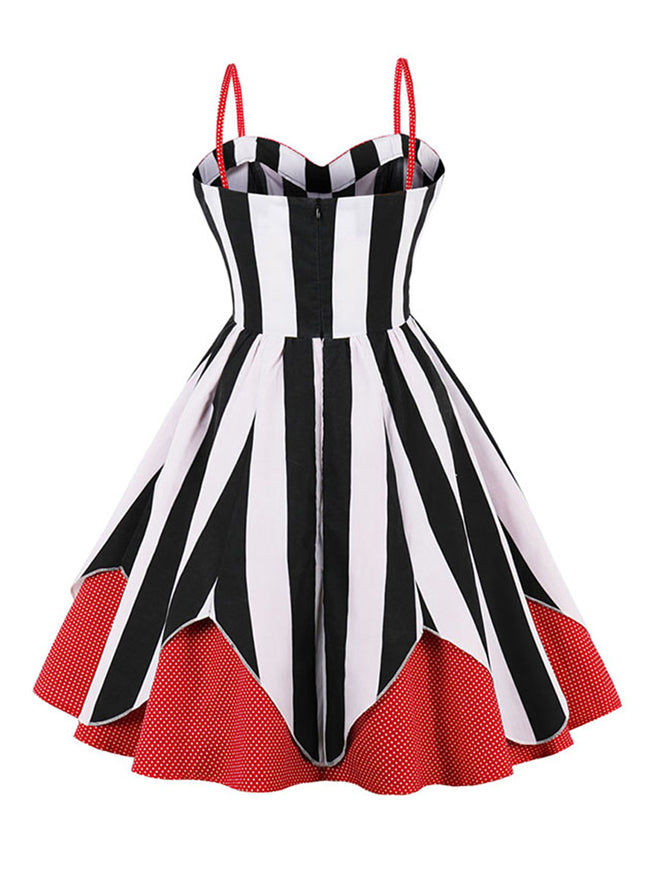 Black White Vintage Cocktail Striped Pattern A-Line Style Spring Midi Dress For Women Back View