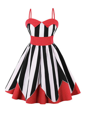Retro Harness Striped Polka Dot Holiday Beach High Waist Dress Main View