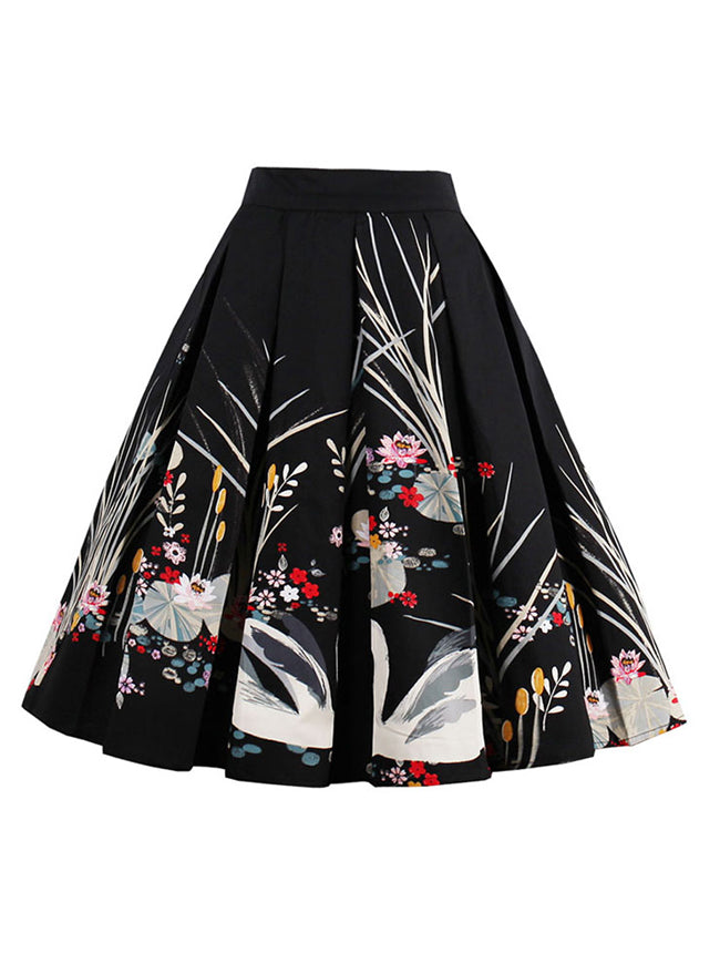 Vintage Vivid Swan Print High Waisted Pleated Wedding Party Skater Skirts for Women Back View