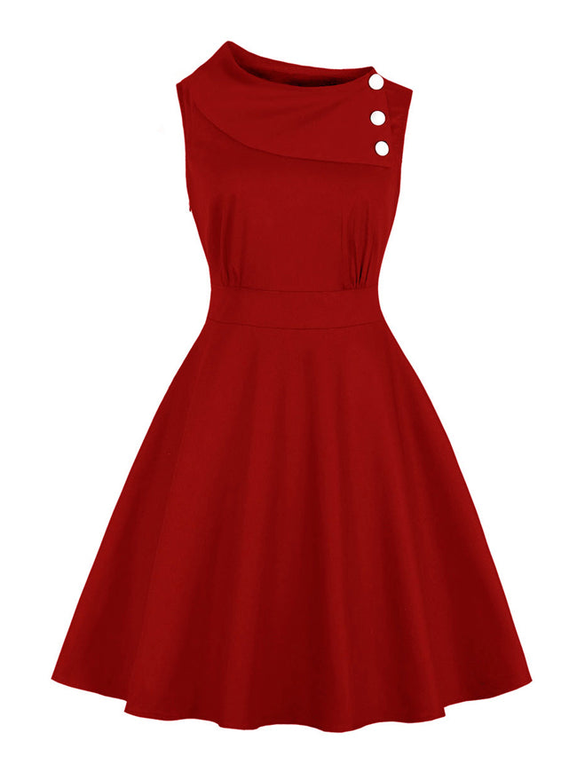 Red Rockabilly Tea Party Fit and Flare Swing Casual Junior Solid Color Holiday Party Date Night Dress Detail View