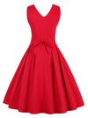 Sexy Solid Red V-Neck Backless Full Circle Flare Skirt Formal Short Dress with Belted Back View