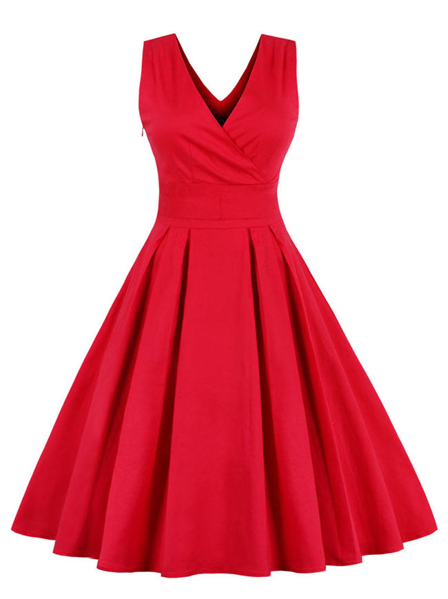 Womens Red Sleeveless Slim Fitting Vintage Cotton Cocktail Dress with Waist Belt Detail View