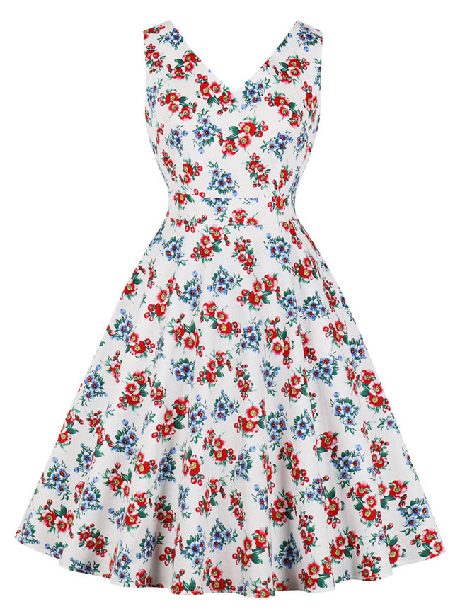 50s Rockabilly V-Neck Printed High Waist Dress with Pocket