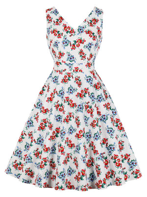 50s Rockabilly V-Neck Printed High Waist Dress with Pocket
