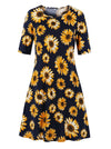 Casual Work Women Black Floral T-Shirt Short Sleeve Round Neck Swing Dress Front View