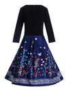 Black and Blue Elegant Long Sleeve Vintage Pattern Pin Up Style Going Out Church Midi Dress Back View