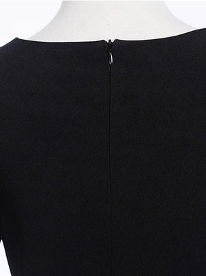 Black 1950s Retro Vintage Patchwork Fit and Flare Round Neck Wear to Work Midi Dress Detail View