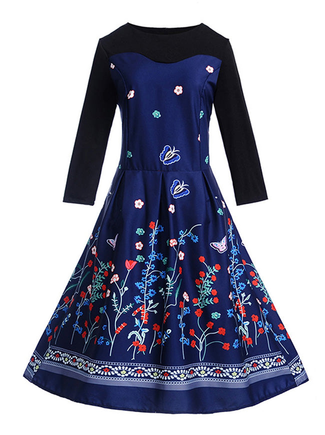 Classic Vintage Style Floral Printed Pinup Rockabilly Tea Length Dress Dark Blue for Women Juniors Detail View
