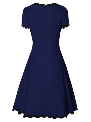 Womens Blue Formal Evening Cocktail Vintage Short Sleeves Lace Cocktail Dress Detail View