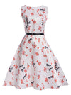 Girl's Unique Dragonfly Leaf Print Sleeveless Party Swing Dress with Belt Main View