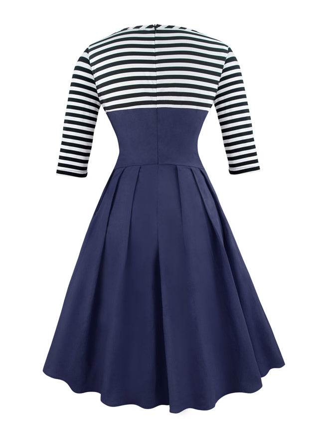 1950's Vintage Striped Business Casual Dress with Half Sleeves