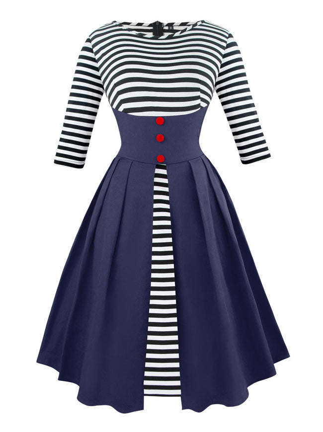 1950's Vintage Striped Business Casual Dress with Half Sleeves