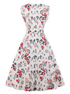 White Retro Sleeveless Slim Fitting Vintage Juniors Floral Audrey Hepburn Dress for Women Back View