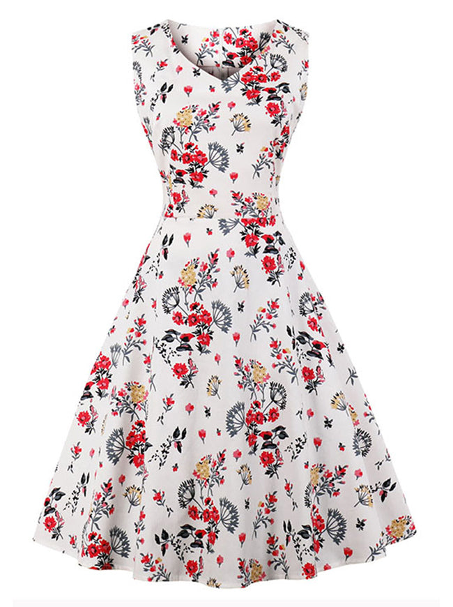 White Retro Sleeveless Slim Fitting Vintage Juniors Floral Audrey Hepburn Dress for Women Back View