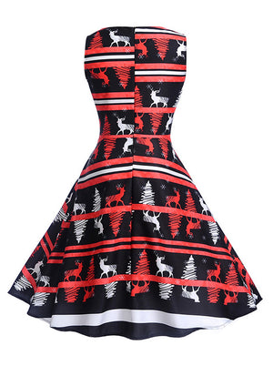 Red Halloween Christmas Tree Printed Fit and Flared Christmas Party Dress for Women Back View