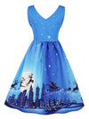 Blue Fancy Adult Christmas Deer Print Reindeer Cocktail Party Dress Back View