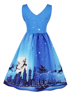 Blue Fancy Adult Christmas Deer Print Reindeer Cocktail Party Dress Back View
