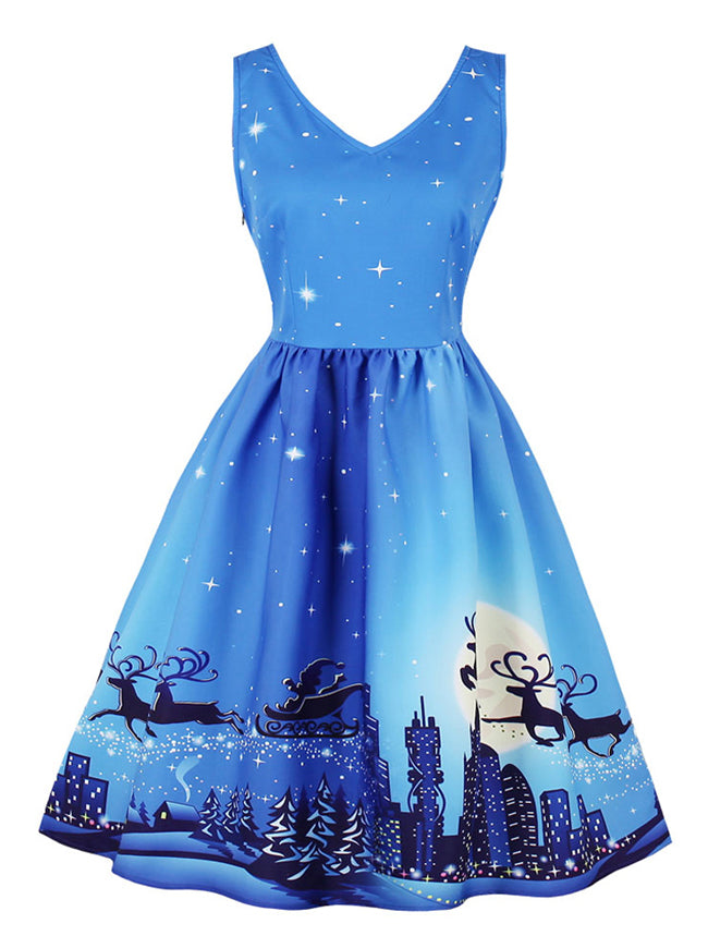 Sleeveless A-line Moon and Reindeer Pattern Christmas Holiday Dress
