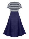 Vintage Short Sleeve Striped Patchwork Cocktail Swing Dress