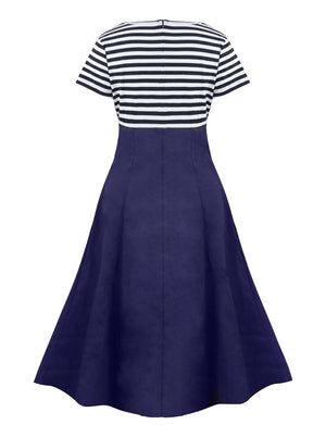 Vintage Short Sleeve Striped Patchwork Cocktail Swing Dress