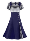 Vintage Short Sleeve Striped Patchwork Cocktail Swing Dress