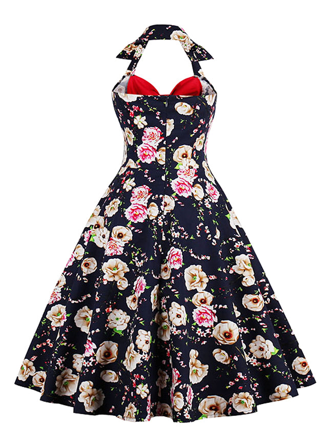 Retro Vintage Style Floral Print Rockabilly Bridesmaid Dress with Halter