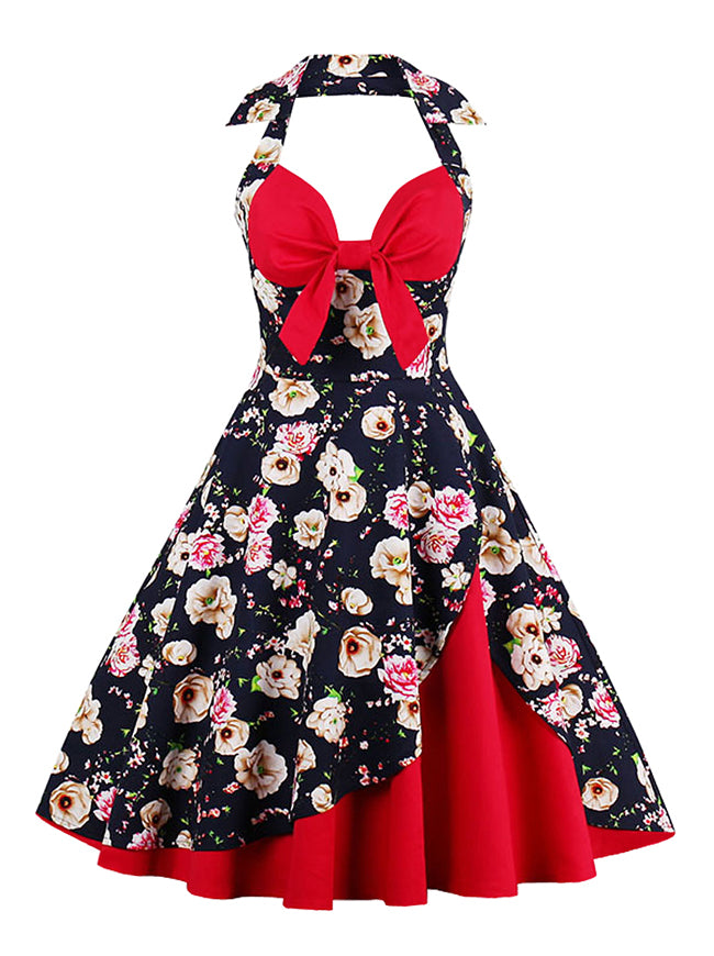 Retro Vintage Style Floral Print Rockabilly Bridesmaid Dress with Halter