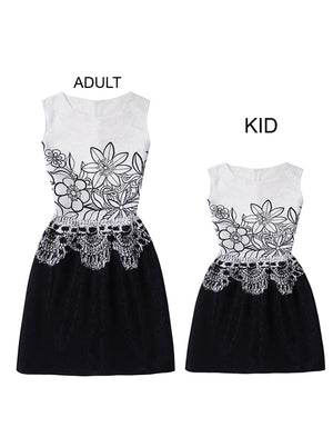 Jacquard Colorblock Sleeveless A-Line Party Floral Casual Dress with Zipper for Adult and Child