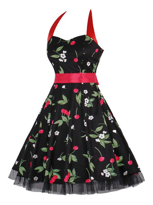 Sweetheart Halterneck Cherry Print Casual Summer Cocktail Dress
