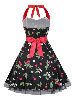 Sweetheart Halterneck Cherry Print Casual Summer Cocktail Dress