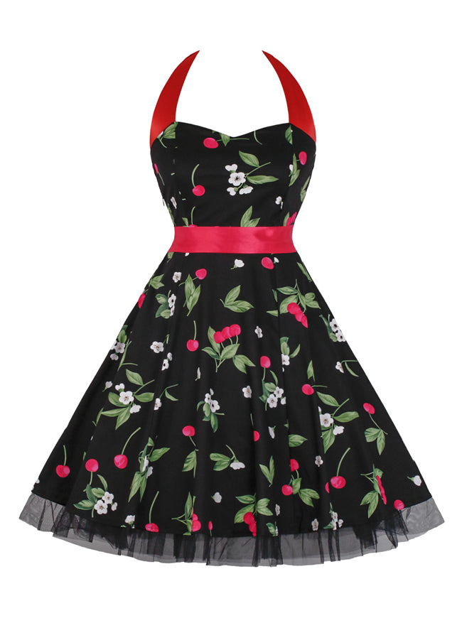 Sweetheart Halterneck Cherry Print Casual Summer Cocktail Dress