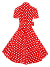 Classic Red and White Polka Dots V-Neck Full Circle Flare Skirt Bridesmaid Knee Length Dress with Belt Back View