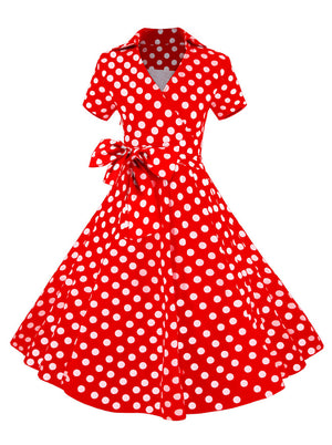 Vintage 1950s Style Polka Dot Print Cocktail Party Swing Dress Main View