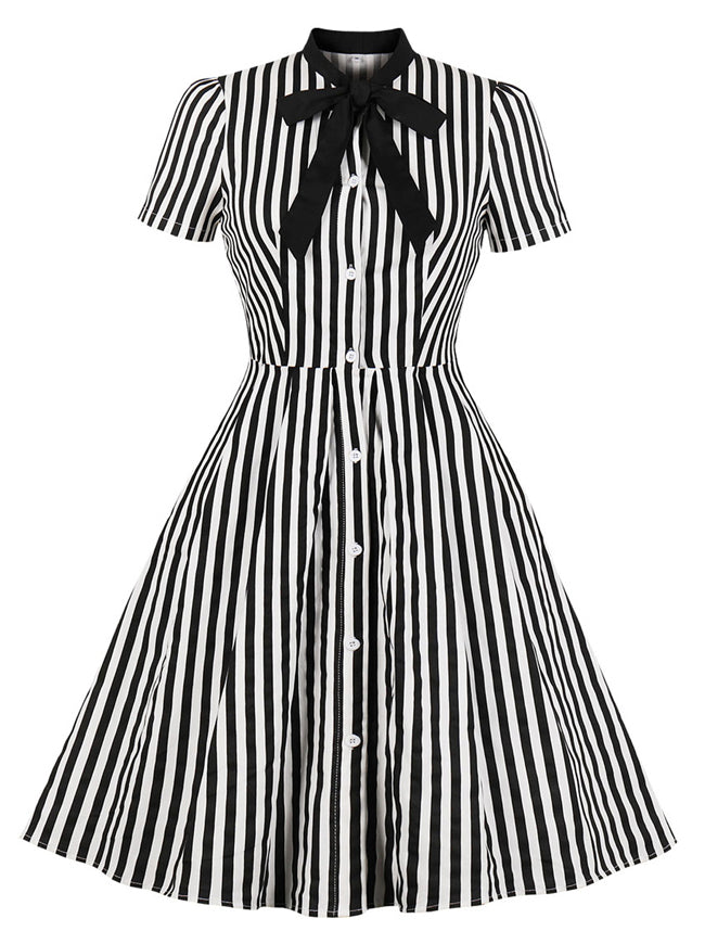 Elegant Stripe Short Sleeve Swing Party Dress with Pocket